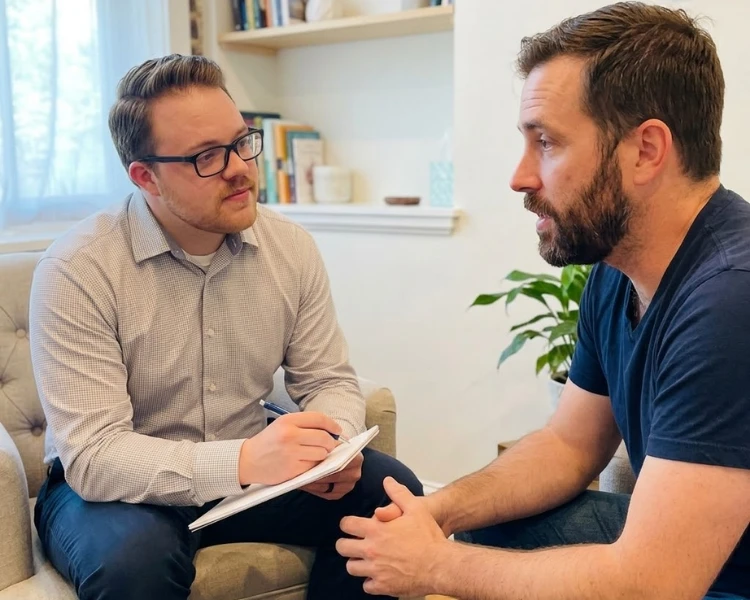 A therapist taking notes as he listens to a male client during a supportive adult therapy for men session in an office.