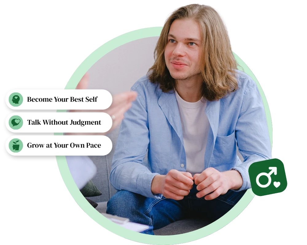 Young man sitting on a couch during an Adult therapy for men in Montclair session alongside personal growth feature badges.