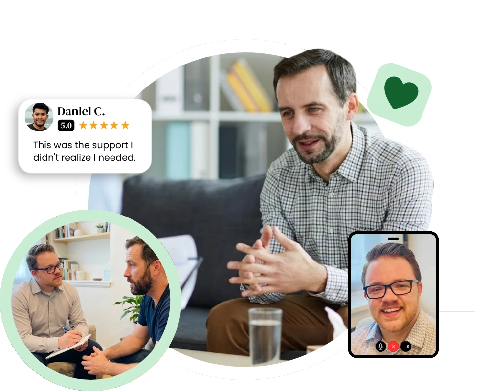 Graphic of men in virtual and in-person counseling sessions promoting Adult therapy for men in Montclair support.