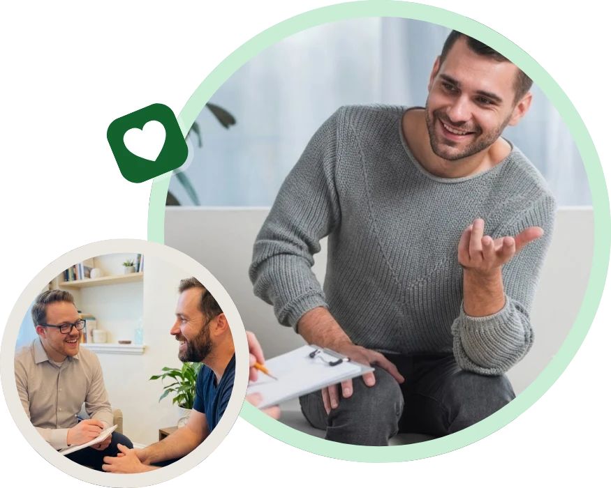 Graphic of smiling men in supportive counseling sessions representing Adult therapy for men in Montclair services.
