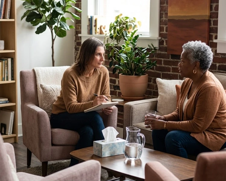 A therapist taking notes while speaking with a woman sitting in a cozy office during adult therapy for women.