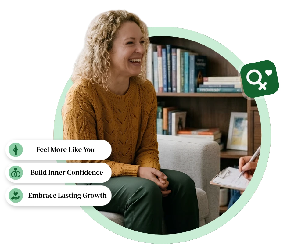 Smiling woman in an adult therapy for women in Montclair session surrounded by key personal growth highlight badges.