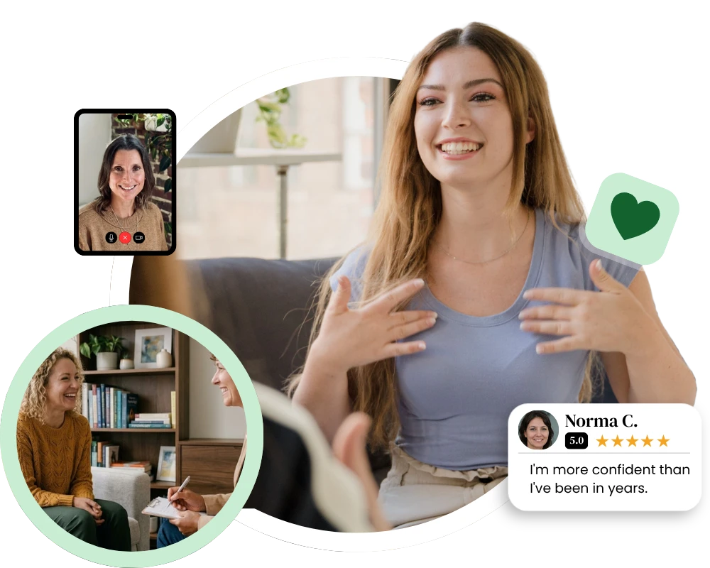 Graphic of women in video and in-person sessions representing adult therapy for women in Montclair with a 5-star review.