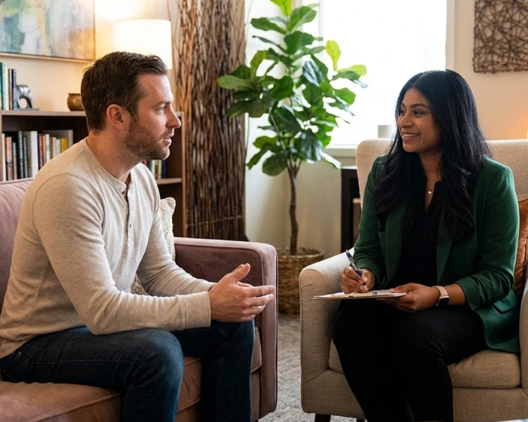 A therapist with a clipboard listens to a male client during a mental wellness montclair Adult Therapist Career session.
