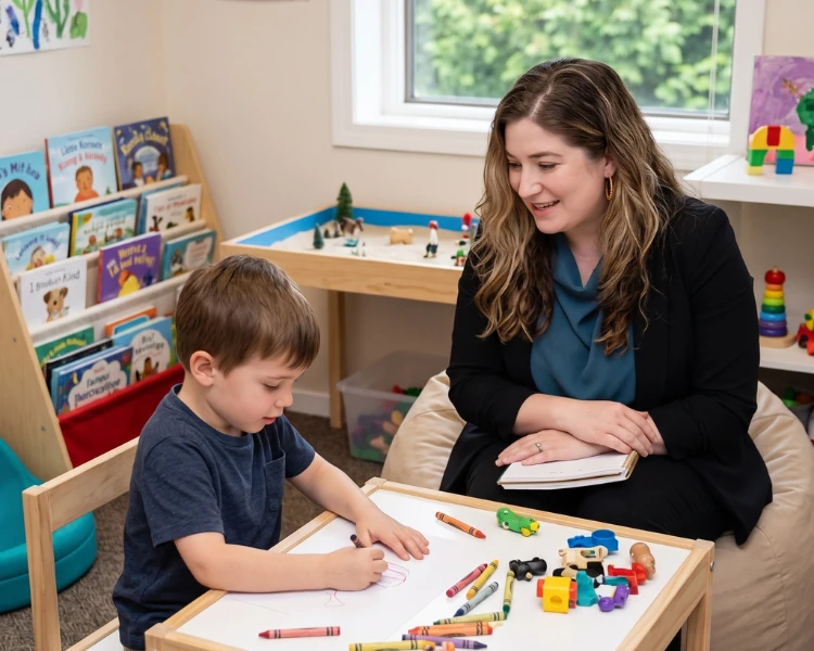 A caring woman guiding a young boy drawing during a mental wellness montclair Child Therapist Career session.