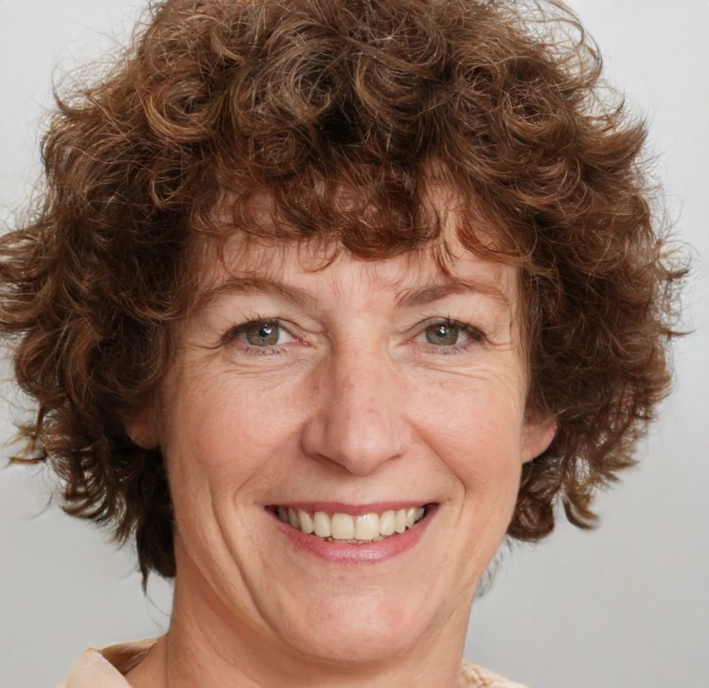 Headshot of a smiling woman with curly hair featured as a Mental Wellness Montclair Virtual Therapy Client.