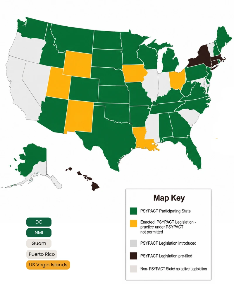 A United States PSYPACT participation map for Mental Wellness Montclair Virtual Therapy coverage and state access.