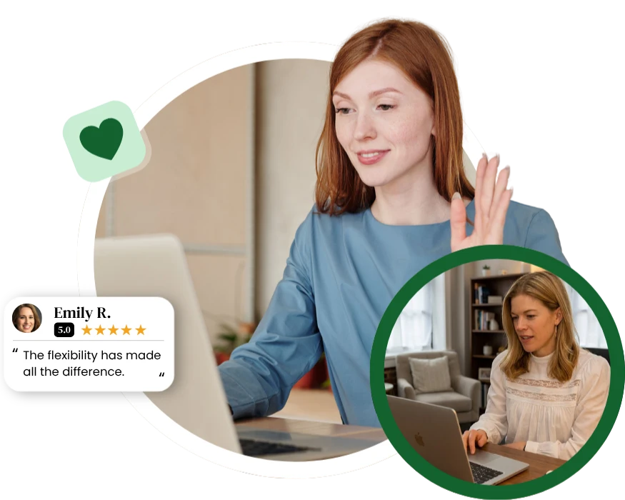 Woman waving at her laptop during a Mental Wellness Montclair Virtual Therapy online counseling video call session.