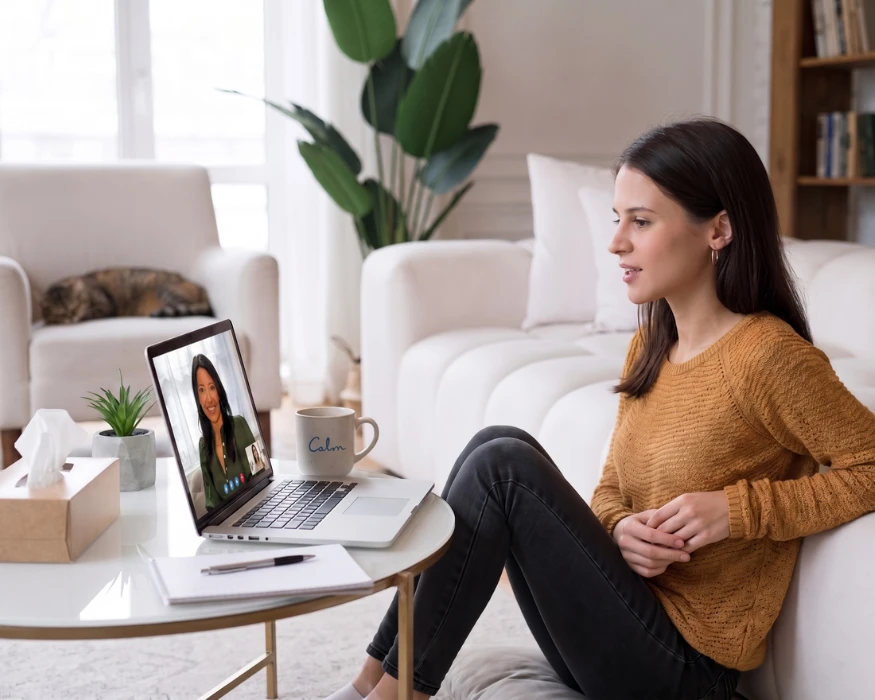 A woman sitting on the living room floor during a Mental Wellness Montclair Virtual Therapy video session on a laptop.